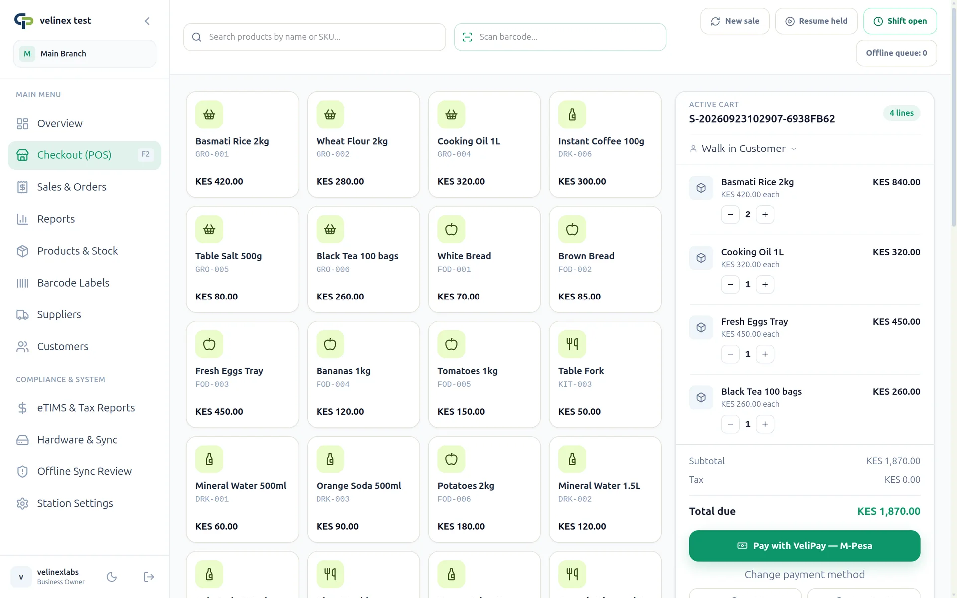 Checkout screen with scanned items in the cart and the total ready for cash or M-Pesa