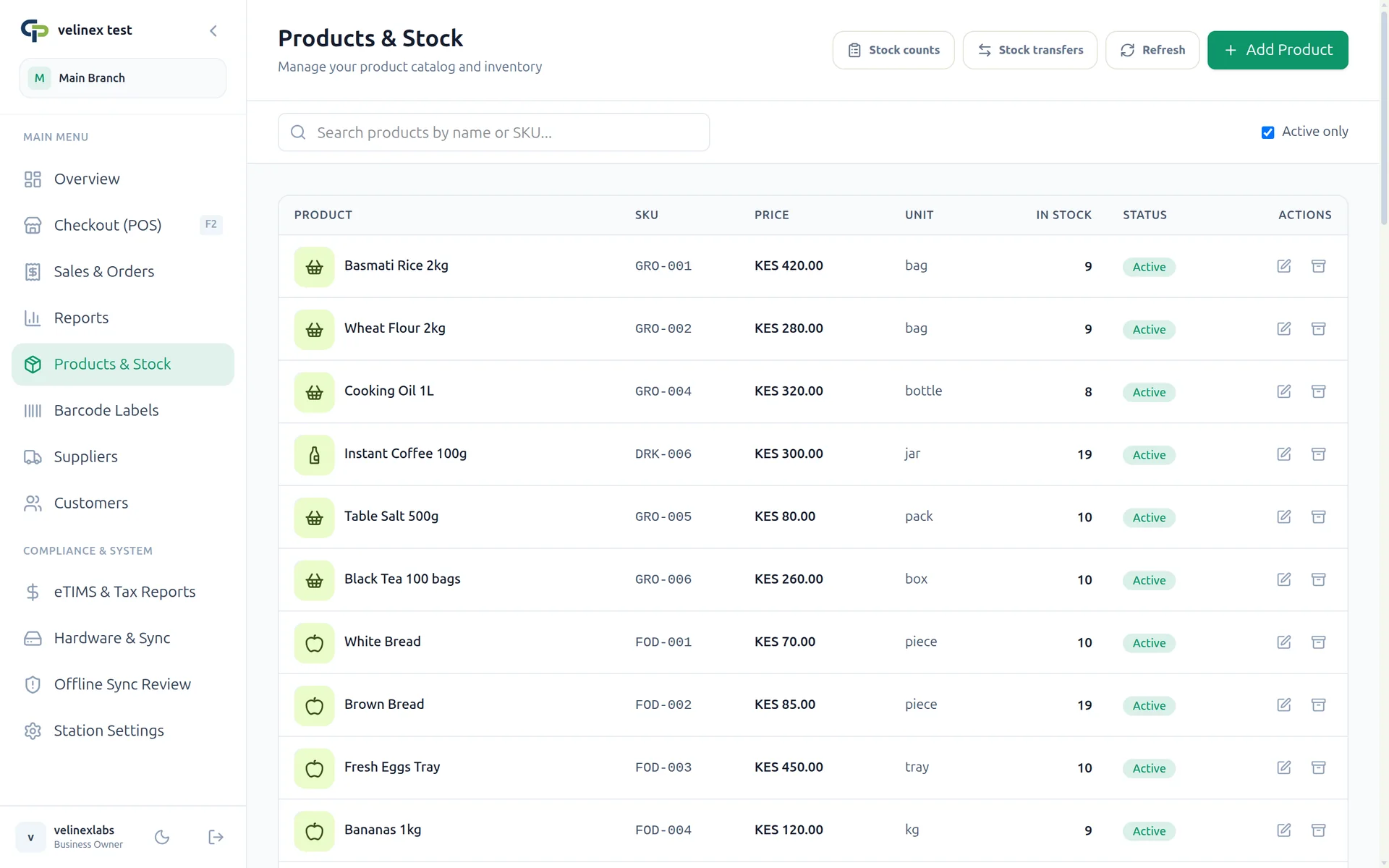 Products and stock list showing each item's price, unit and quantity in stock