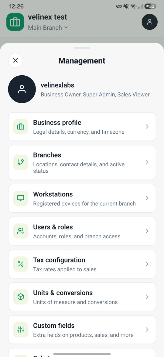 Owner app Management screen with business, branch and staff settings