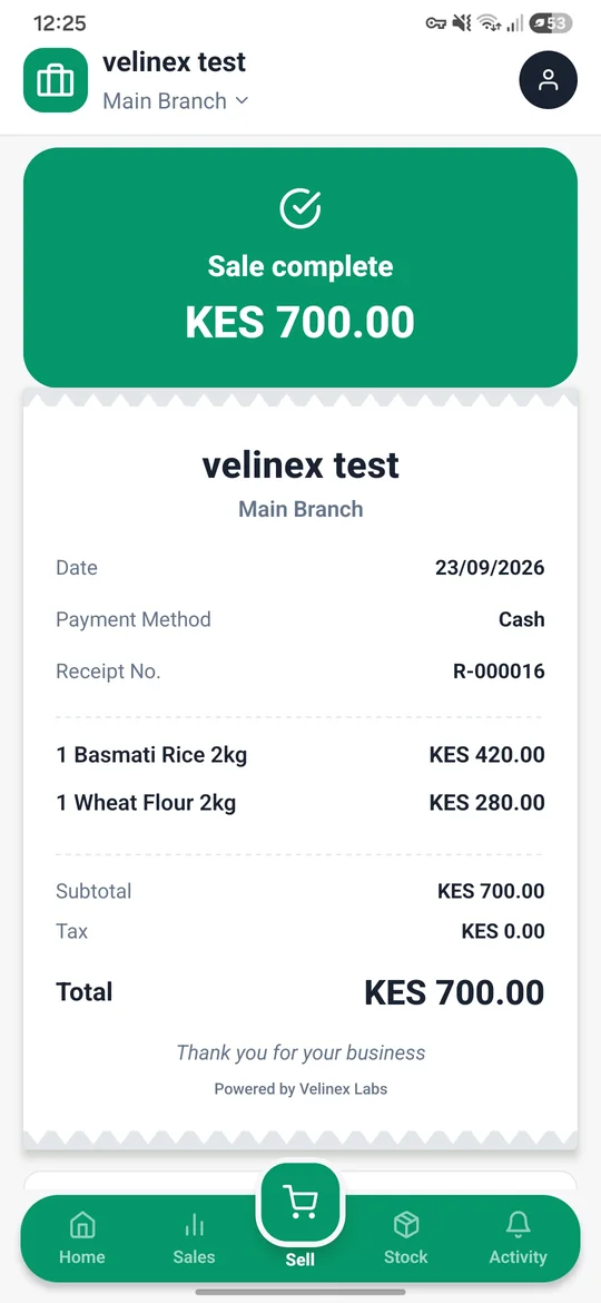 Owner app receipt for a completed KES 700 sale