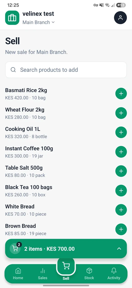 Owner app Sell screen with products and a cart of 2 items