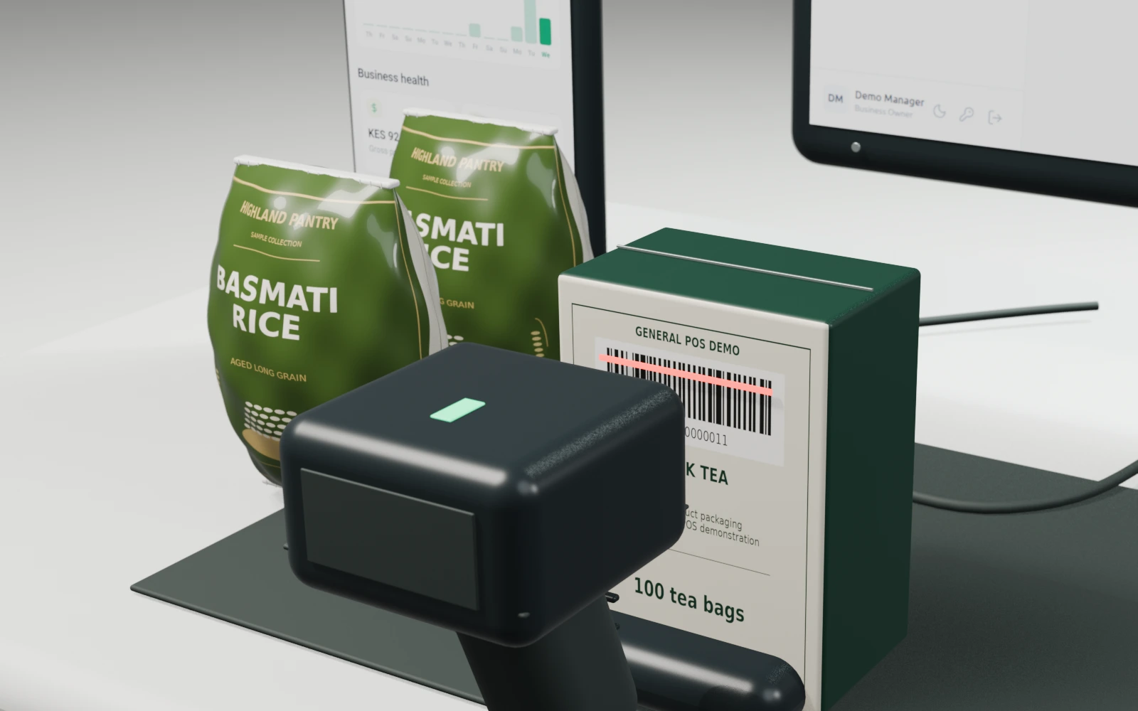 Tea and rice packages at a barcode scanner in a 3D General POS checkout scene